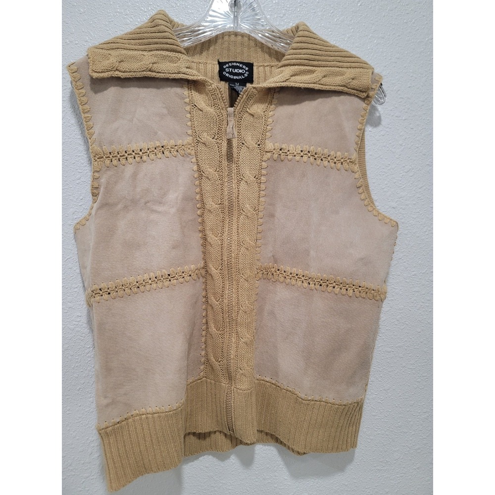 Design Studio Vintage Leather Knit Sweater Vest Zipper Large Pointed Collar.
